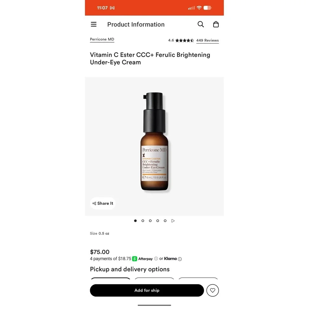 NIB Perricone MD Vitamin C Ester CCC + Ferulic Brightening Under-Eye Cream 0.5oz